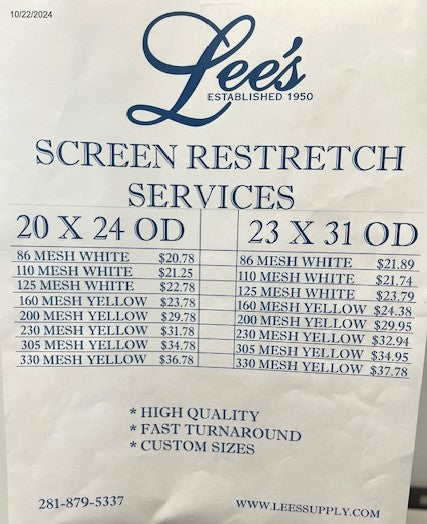Screen Stretching Price List